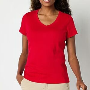 St John’s Bay Size 2X  Cabaret Red Super Soft Cotton Cap Sleeve V-neck Tee